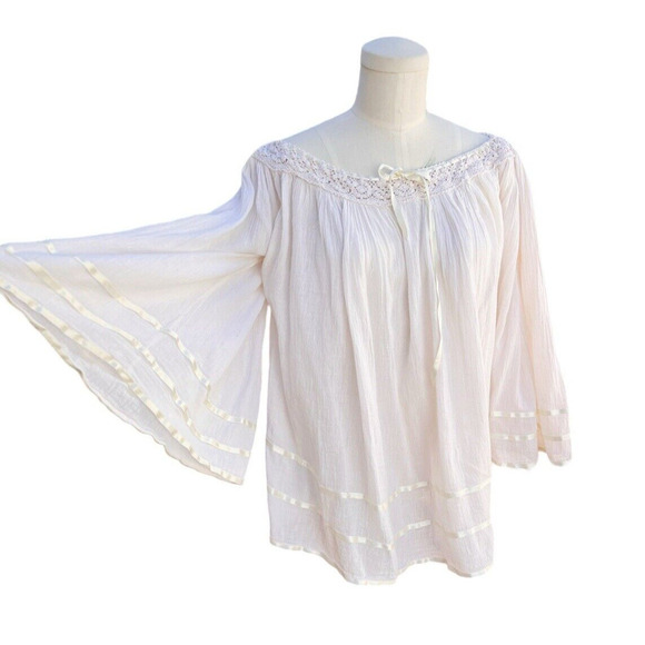 Vintage Mexican Gauze Blouse Angel Sleeves Crochet Ribbons One Size 1970's - Picture 6 of 7